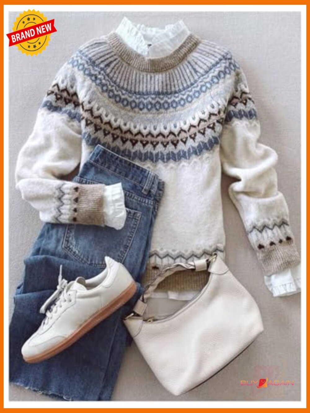 Striped Graphic Fall Sweater Crew Neck Long Sleeve Knitwear Pullover - Picture 4 of 5